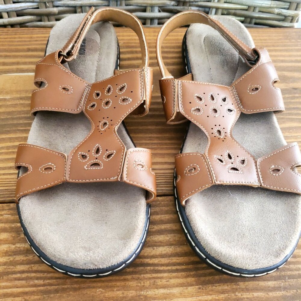 Womens Brown Faux Leather Sandals Adjustable Straps Hook Loop Folk Flat Size 9